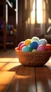 A basket of balls of yarn sitting on a wooden floor Royalty Free Stock Photo