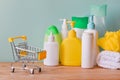 Basket for bath and shower. Plastic bottles. Body care Royalty Free Stock Photo