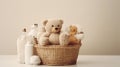 a basket and a bear and Accessories for bathing a child in light colors