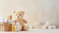 a basket and a bear and Accessories for bathing a child in light colors