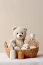 a basket and a bear and Accessories for bathing a child in light colors
