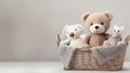 a basket and a bear and Accessories for bathing a child in light colors