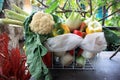 Basket of beautiful colorful healthy vegetables, red and yellow peppers, raw cabbage and cabbage fennel Royalty Free Stock Photo