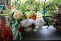 Basket of beautiful colorful healthy vegetables, red and yellow peppers, raw cabbage and cabbage fennel Royalty Free Stock Photo