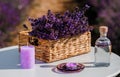 Basket with beautiful lavender in the field in Provance with Lavander water and candles. Harvesting season