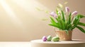 Basket of beautiful spring tulips and decorated Easter eggs on a podium with a soft background. Royalty Free Stock Photo