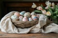 A basket of beautifully hand-painted Easter eggs rests on soft fabric, surrounded by pastel tulips, creating a charming and Royalty Free Stock Photo