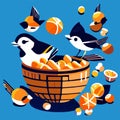 Basket with birds and oranges. Vector illustration in cartoon style. AI generated Royalty Free Stock Photo