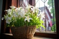 basket of blooming lilies placed near a church window