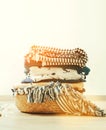 Basket with blue and beige laundry Royalty Free Stock Photo