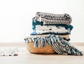 Basket with blue and beige laundry Royalty Free Stock Photo