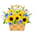 Basket with blue and yellow flowers. Vector illustration Royalty Free Stock Photo