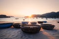 Basket boats on sand beach in Vietnam Royalty Free Stock Photo