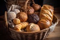 basket of breads, rolls and buns baked by an artisan baker