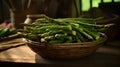 Basket brimming with green asparagus spears