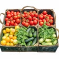 basket brims with organic tomatoes, cucumbers eggplants Supermarket display