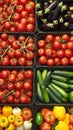 basket brims with organic tomatoes, cucumbers eggplants Supermarket display