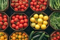 basket brims with organic tomatoes, cucumbers eggplants Supermarket display