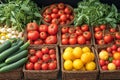 basket brims with organic tomatoes, cucumbers eggplants Supermarket display