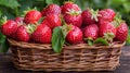 A basket of a bunch of strawberries sitting on top of some leaves, AI Royalty Free Stock Photo