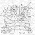 Basket with camomiles. Flowers.Coloring book antistress for children and adults.