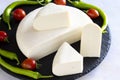Soft feta cheese on wood background. Close up Royalty Free Stock Photo