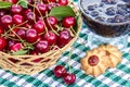 Basket of cherries, cherry jam with biscuit