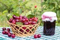 Basket of cherries and cherry jam jar on background of cherry tree Royalty Free Stock Photo