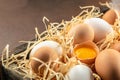 basket of chicken eggs on a dark background. top view Royalty Free Stock Photo