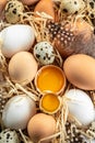 basket of chicken eggs on a dark background. top view Royalty Free Stock Photo