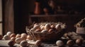 basket of chicken eggs on a wooden table over farm in the countryside