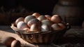 basket of chicken eggs on a wooden table over farm in the countryside