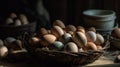 basket of chicken eggs on a wooden table over farm in the countryside