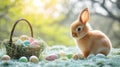 Basket with Christmas eggs next to a rabbit Royalty Free Stock Photo