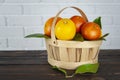 Basket with citrus fruits on a wooden surface