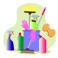 plastic bucket with a mop, hygiene items in the room. Basket with cleaning products for home and kitchen.