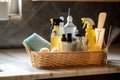 a basket of cleaning products, with a variety of tools and supplies on display Royalty Free Stock Photo