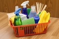 a basket of cleaning products, with a variety of tools and supplies on display Royalty Free Stock Photo