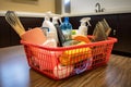 a basket of cleaning products, with a variety of tools and supplies on display Royalty Free Stock Photo