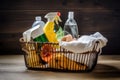 a basket of cleaning supplies, ready for a spring clean
