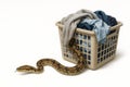 A basket of clothes from which a snake crawls out. Space for text. Royalty Free Stock Photo