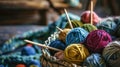 a basket of colorful balls of yarn and knitting needles Royalty Free Stock Photo