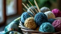 a basket of colorful balls of yarn and knitting needles Royalty Free Stock Photo