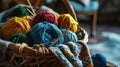 a basket of colorful balls of yarn and knitting needles Royalty Free Stock Photo