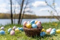 Basket of Colorful Easter Eggs on a Green Field. Royalty Free Stock Photo