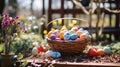 Basket of colorful Easter eggs in sunny garden, Easter eggs hunting concept