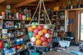 Basket of colorful golf balls in rustic workshop with shelves Royalty Free Stock Photo