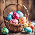 Basket with colorful painted easter eggs on wooden table and background. Royalty Free Stock Photo