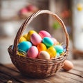 Basket with colorful painted easter eggs on wooden table and kitchen background. Royalty Free Stock Photo