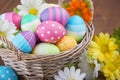 Basket with colourful hand-painted Easter eggs